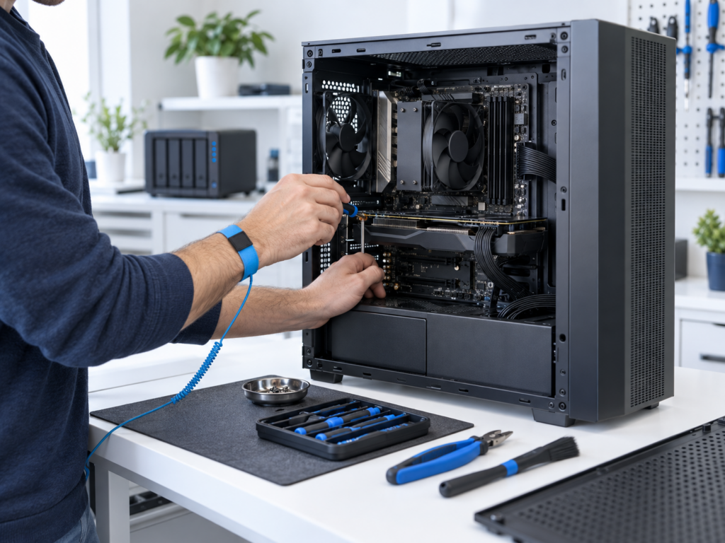 Technicien effectuant la maintenance d’un PC sur mesure à Fribourg